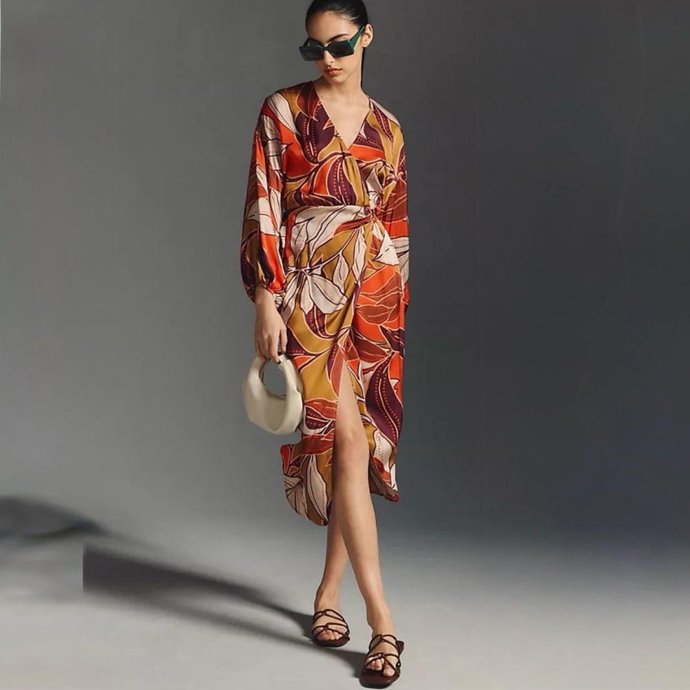 Anthropologie Printed Faux Wrap Midi Dress XS Boho Floral NWT